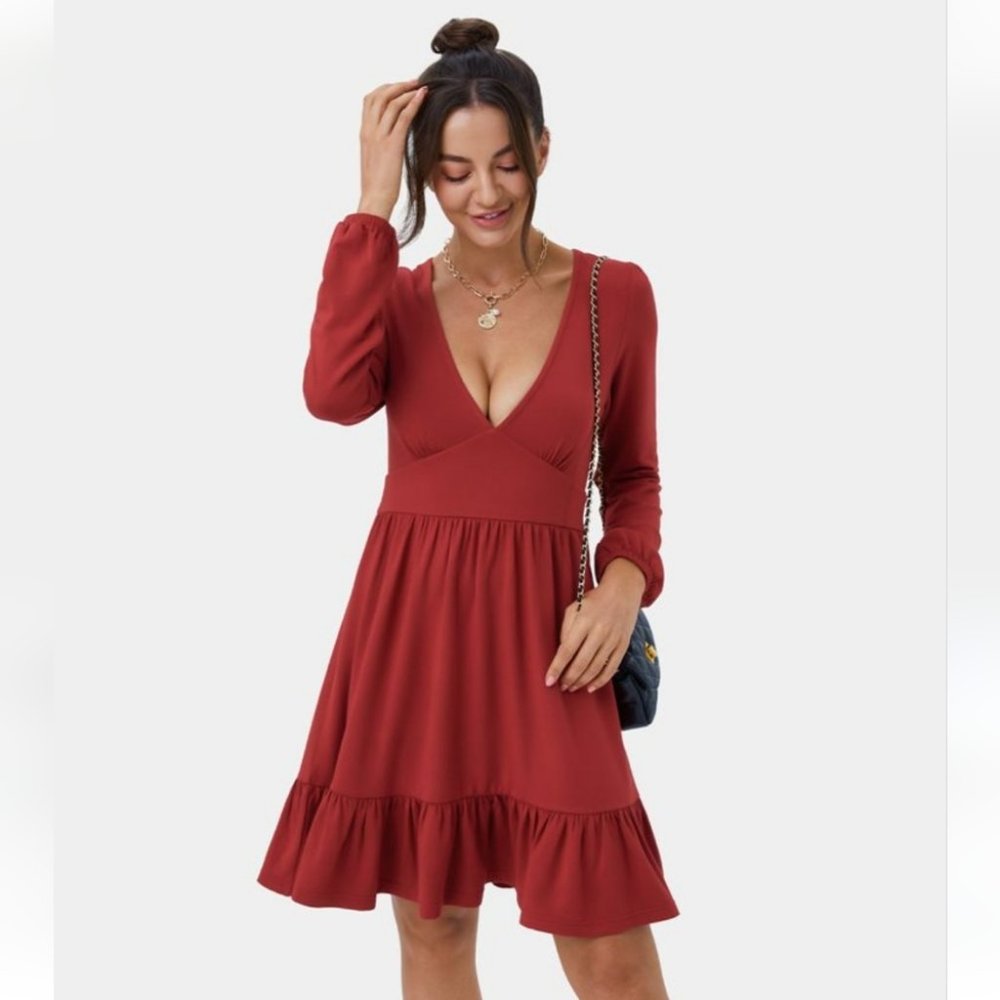 HALARA Rust Red Long-Sleeve V-Neck Ruffle Hem Dress